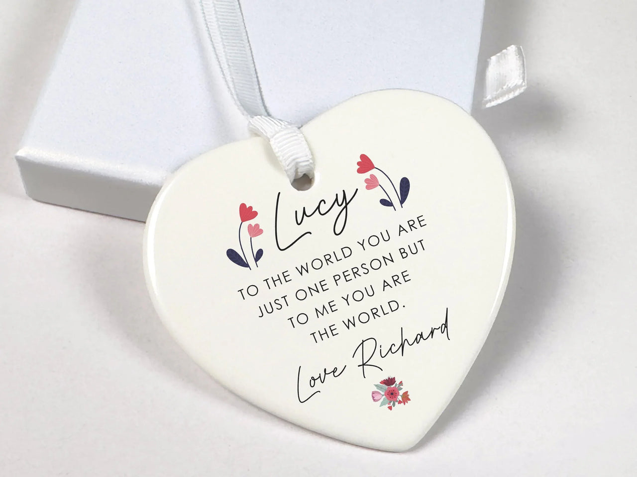 Valentine Heart Ornament - Floral Quote Keepsake with Name for Partner DENMARY