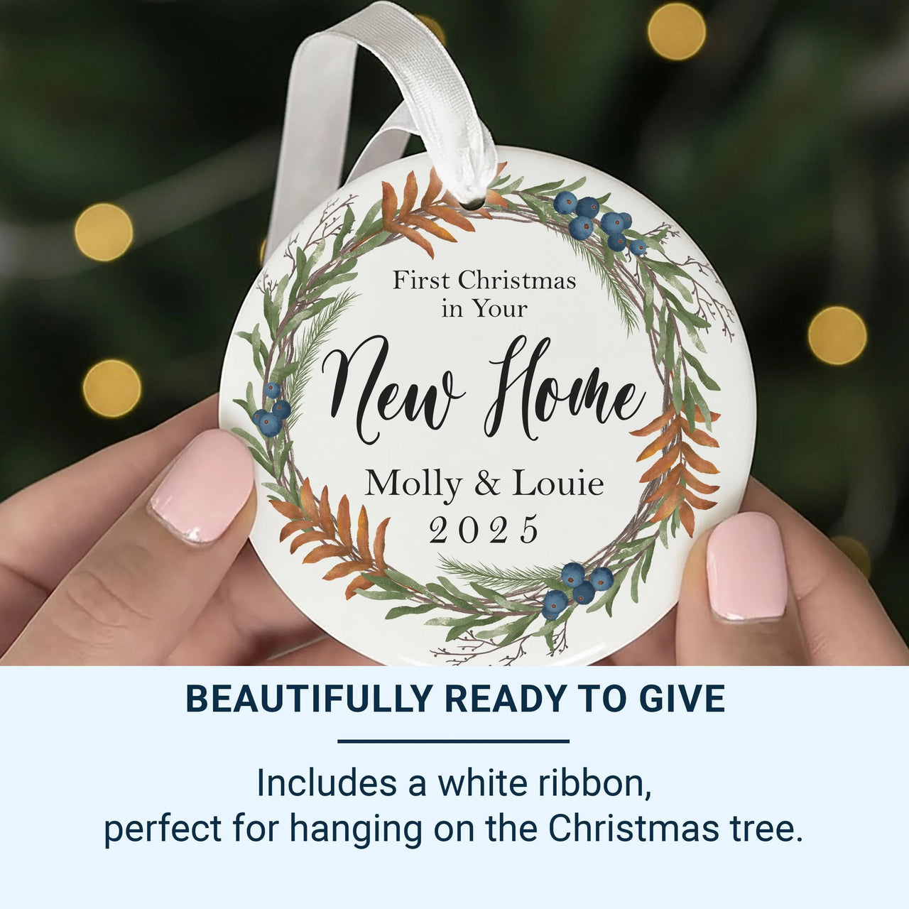 New Home Floral Ornament - First Christmas Keepsake with Wreath & Names for Couples