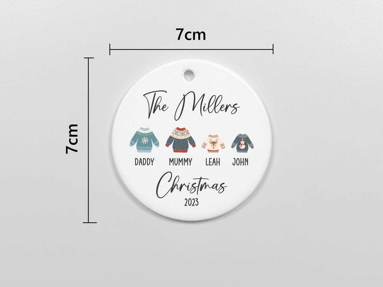 Personalised Christmas Jumper Family Ornament, Ceramic Xmas Tree Bauble, Ugly Sweater Round Hanging Decoration, Family Holiday Best Keepsake