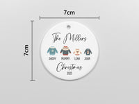 Personalised Christmas Jumper Family Ornament, Ceramic Xmas Tree Bauble, Ugly Sweater Round Hanging Decoration, Family Holiday Best Keepsake