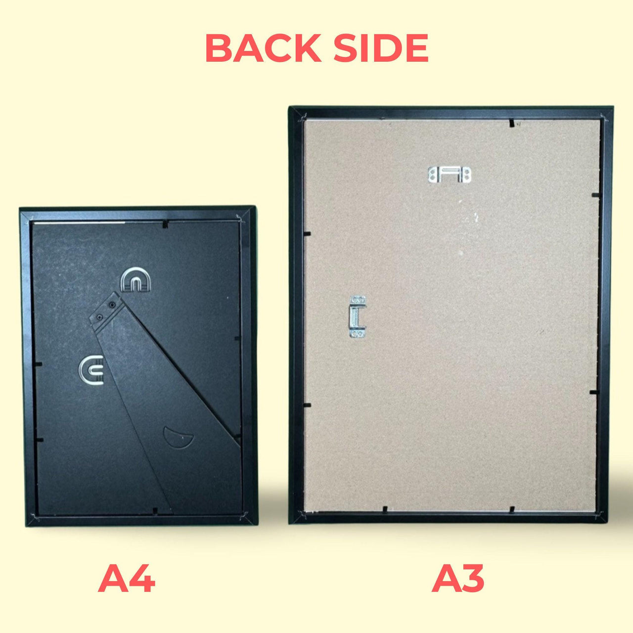 Back view of A4 and A3 frames designed for football year posters. Durable construction, great for displaying personalised prints in homes or offices.