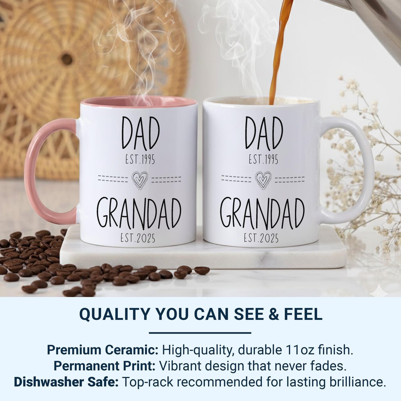 Dad to Grandad EST. Dates Mug - Personalised Year with Heart Icon - Promoted to Grandad Pregnancy Reveal and New Grandad Gift