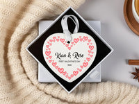 First Valentine Heart Ornament - Pink & Red Keepsake with Names and Date for Couples