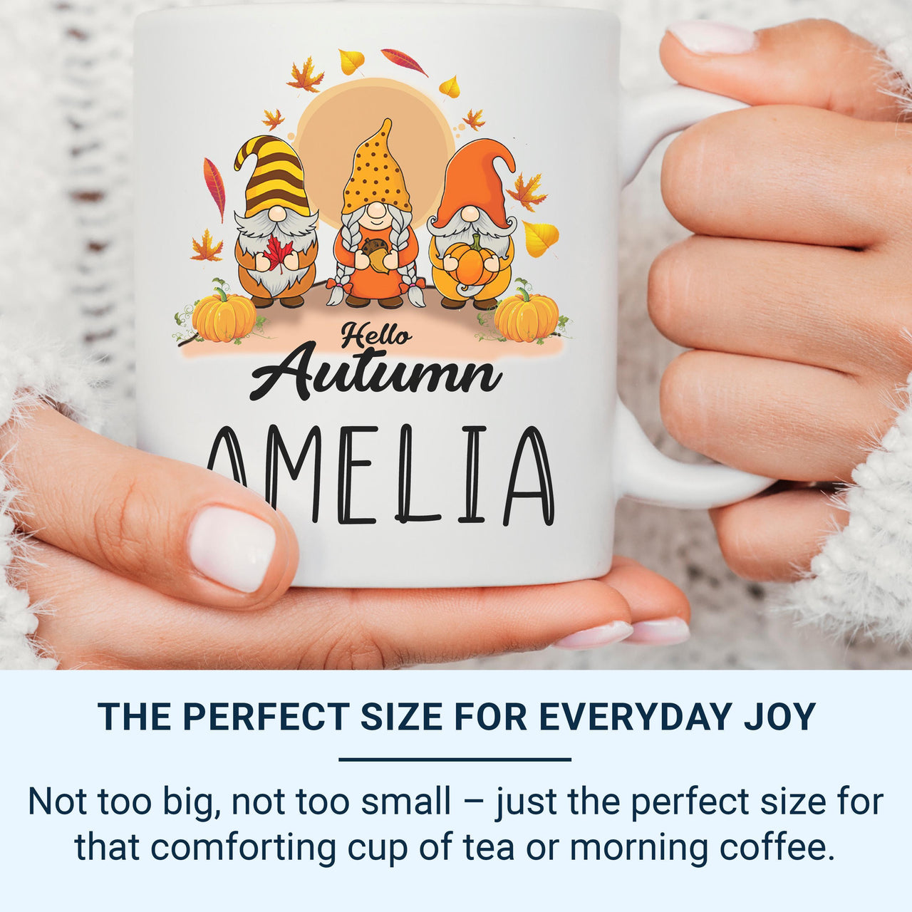 Hello Autumn Gnome Mug – Personalised Name with Seasonal Gnomes – Cosy Fall Gift for Gnome Lovers