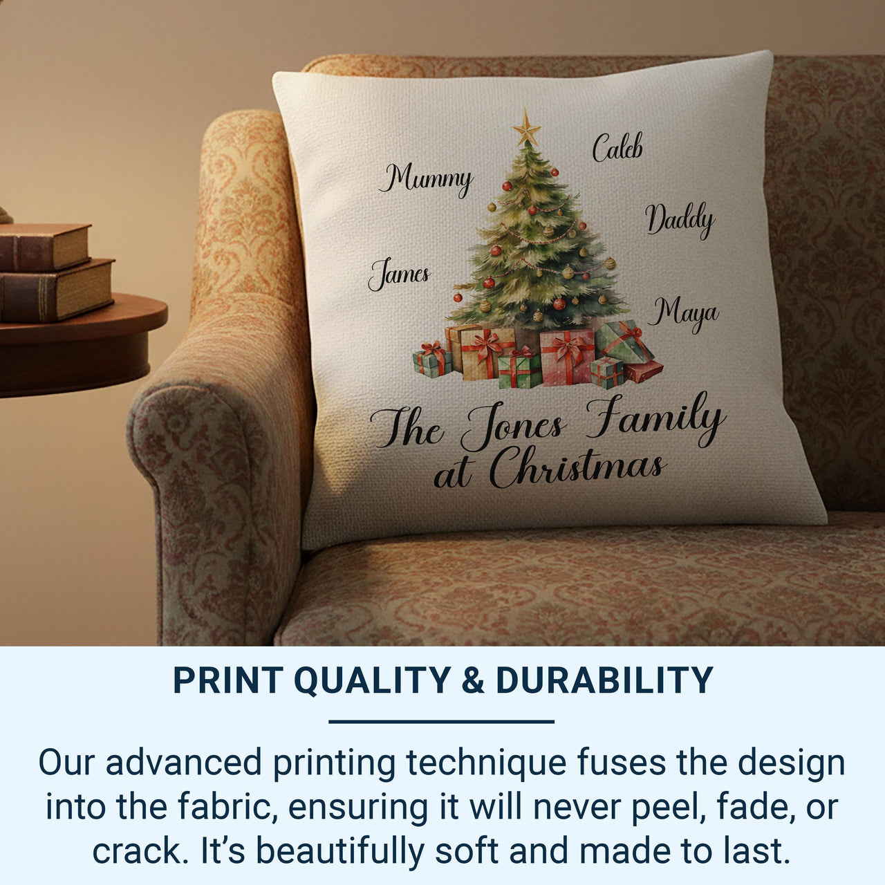 Family Christmas Cushion Cover - Personalised Christmas Pillow with Xmas Tree Design - Unique Christmas Home Decor Gift
