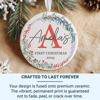 Baby First Christmas Ornament 2025 - Floral Wreath with Initial & Name