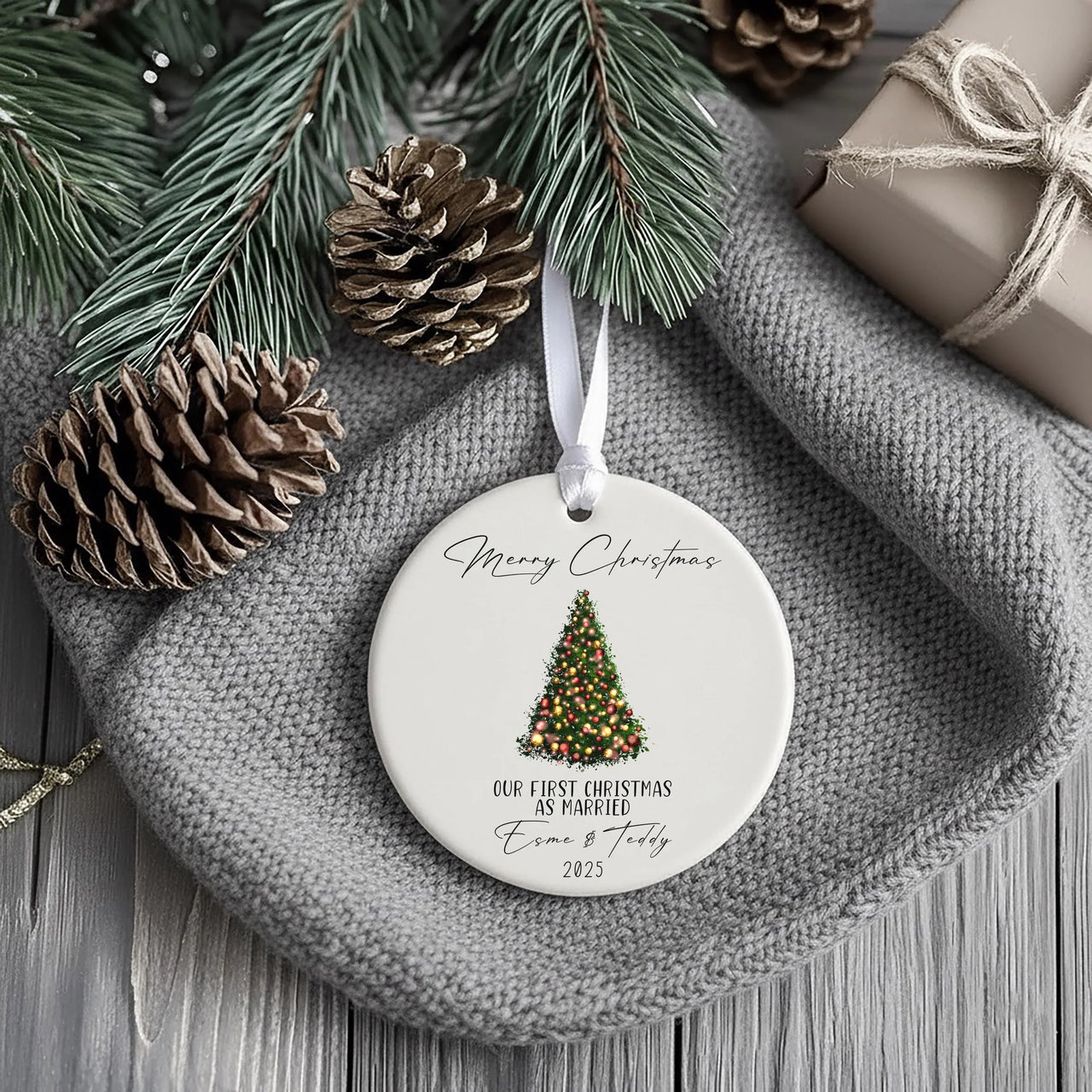 Personalised First Christmas Married Ceramic Ornament with Xmas Tree Design, Mr and Mrs Round Decoration, Minimalist Bauble, Just Married