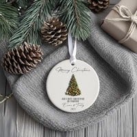 Personalised First Christmas Married Ceramic Ornament with Xmas Tree Design, Mr and Mrs Round Decoration, Minimalist Bauble, Just Married