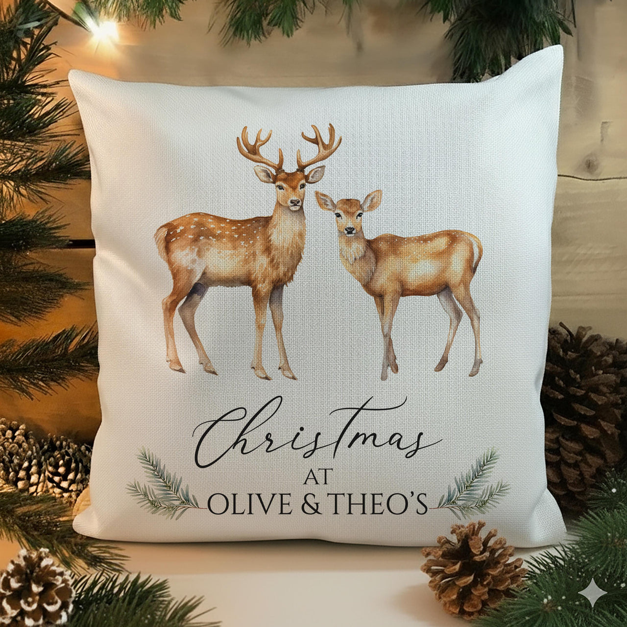 Personalised Family Christmas Cushion - Watercolour Deer Design with Names