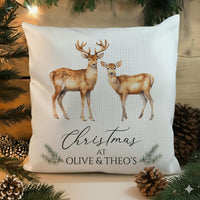 Personalised Family Christmas Cushion - Watercolour Deer Design with Names