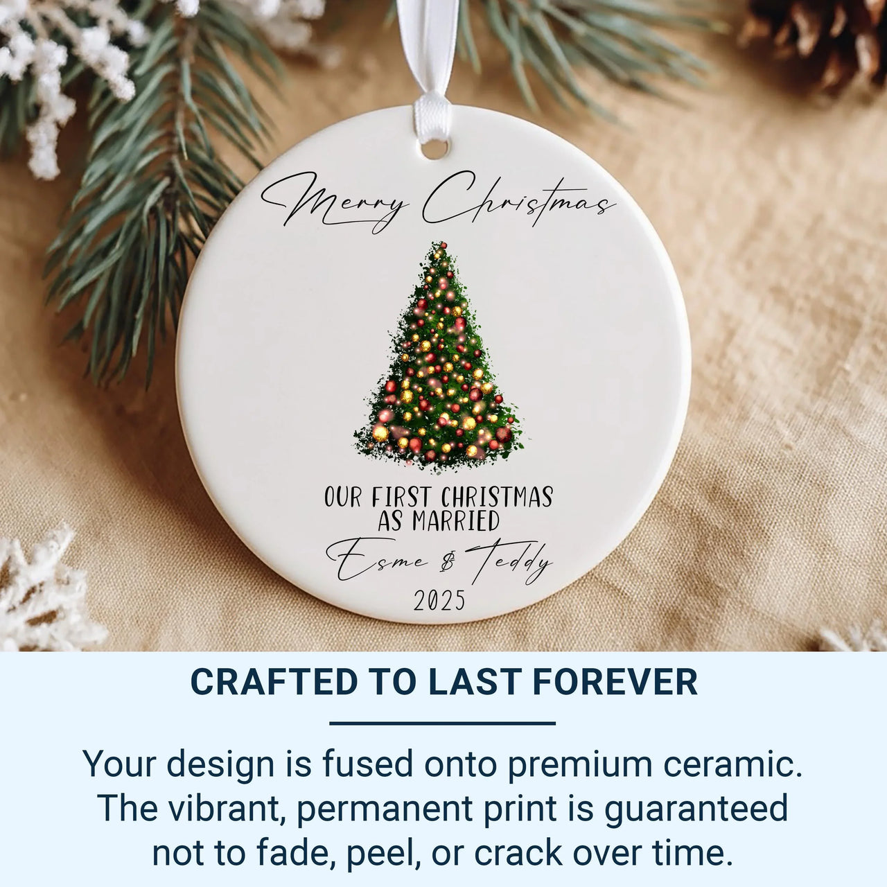 Personalised First Christmas Married Ceramic Ornament with Xmas Tree Design, Mr and Mrs Round Decoration, Minimalist Bauble, Just Married