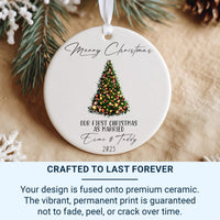 Personalised First Christmas Married Ceramic Ornament with Xmas Tree Design, Mr and Mrs Round Decoration, Minimalist Bauble, Just Married