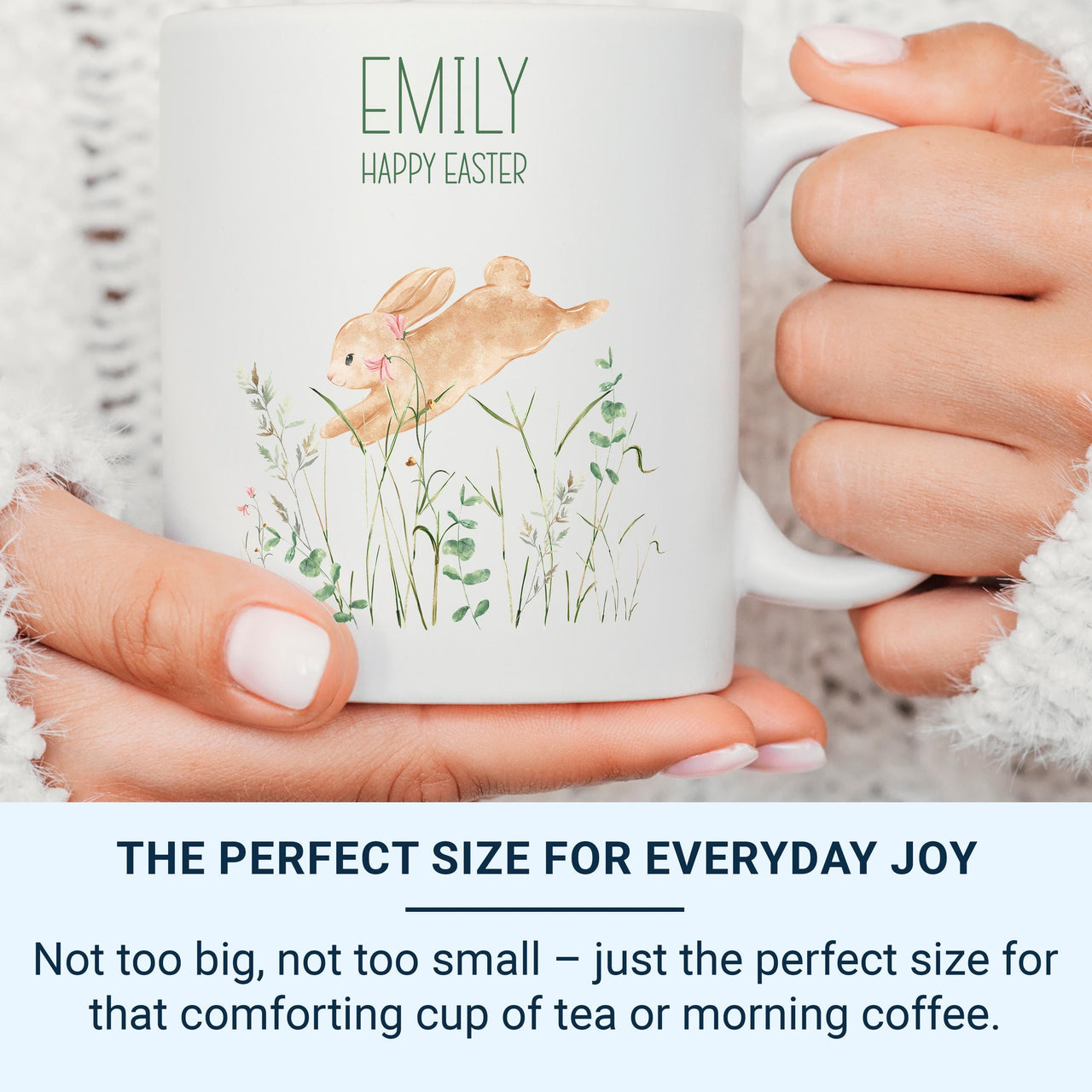 Happy Easter Personalised Name Mug – Watercolour Bunny, Grass and Wildflowers – Spring Basket and Morning Cocoa Gift