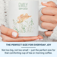 Happy Easter Personalised Name Mug – Watercolour Bunny, Grass and Wildflowers – Spring Basket and Morning Cocoa Gift