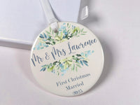 First Christmas Married Ornament - Leafy Wreath Keepsake for Newlywed Couples