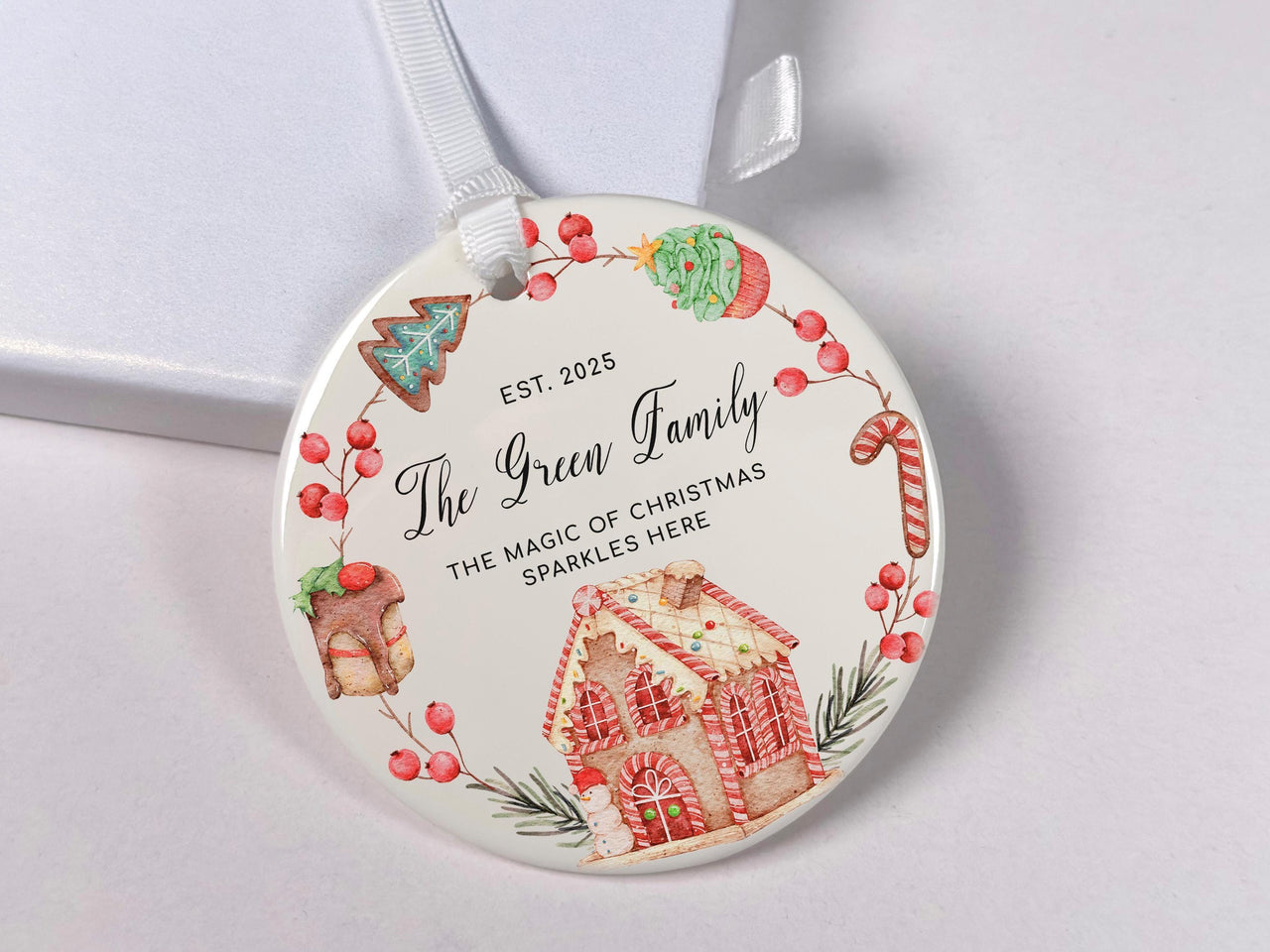 Family Christmas Ornament 2025 - Gingerbread & Festive Motto with Surname