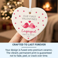 First Valentine Engaged Ornament - Pink Lovebirds Heart with Names 2026