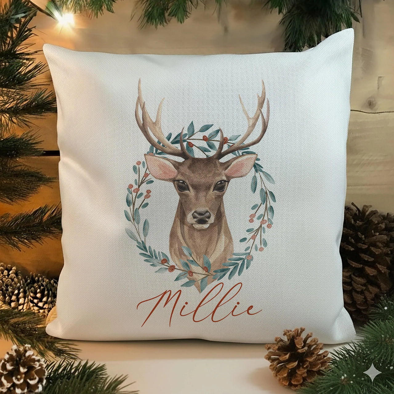 Personalised Christmas Cushion – Watercolour Deer Design | Soft Touch Cover