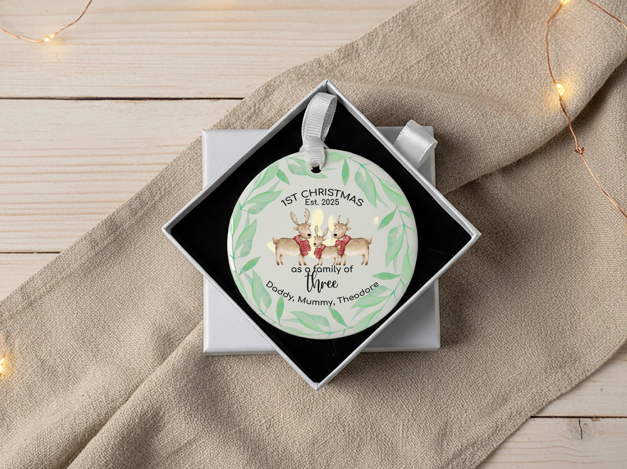 First Christmas as Family of Three Ornament - Personalised Xmas Bauble - Reindeer Family Design - Gift for New Parents