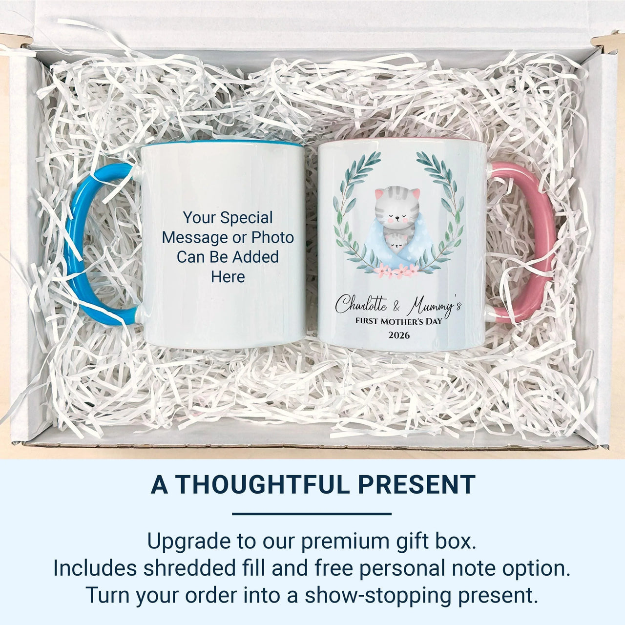 Personalised Mothers Day Mug – First Mothers Day Gift with Cats in Floral Wreath