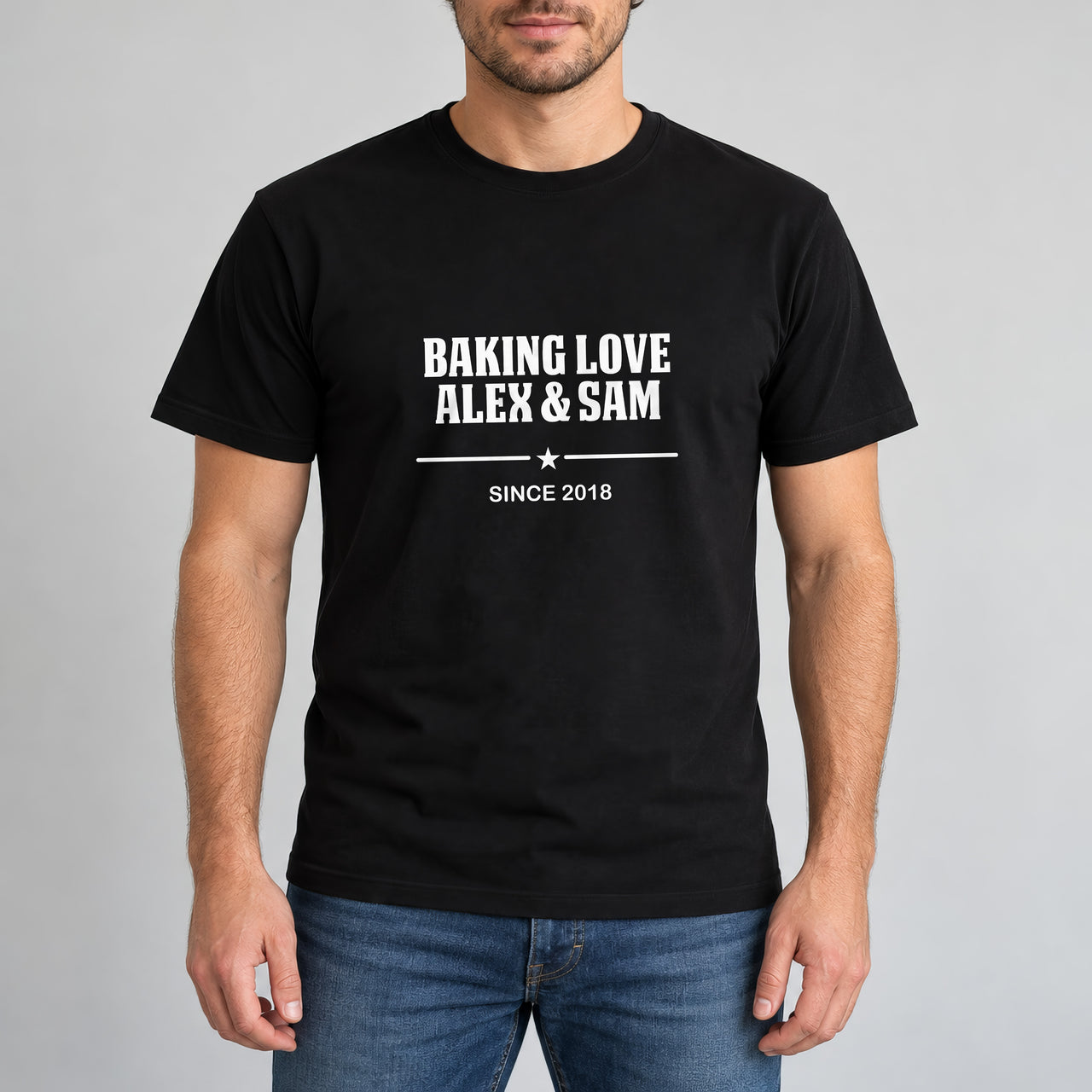 Baking Love Iron-On Transfer - Personalised Couple Names & Year Design, shown on a black t-shirt