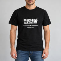 Baking Love Iron-On Transfer - Personalised Couple Names & Year Design, shown on a black t-shirt