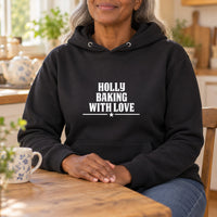 Baking With Love Iron-On Transfer - Personalised Name Design, shown on a black hoodie