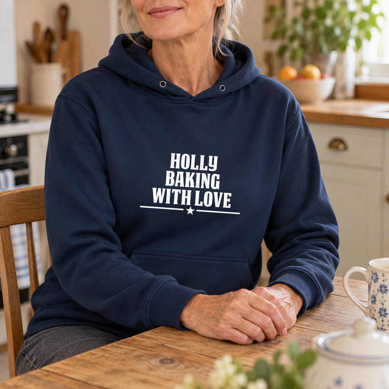 Baking With Love Iron-On Transfer - Personalised Name Design, shown on a navy hoodie