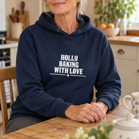 Baking With Love Iron-On Transfer - Personalised Name Design, shown on a navy hoodie