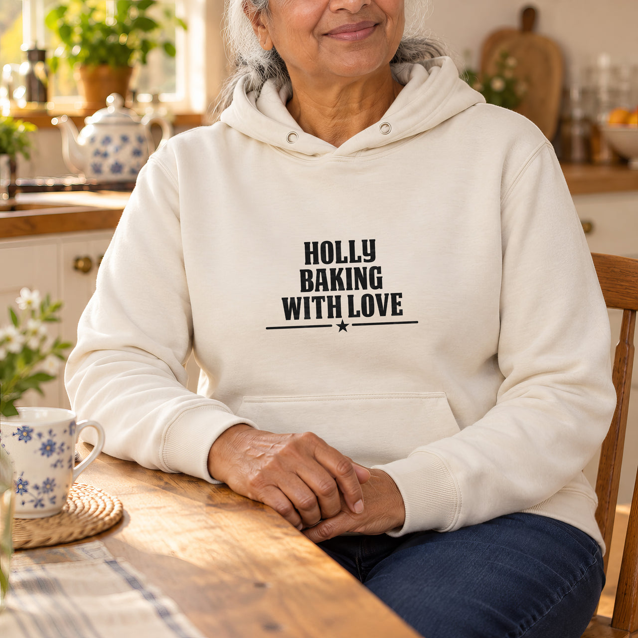 Baking With Love Iron-On Transfer - Personalised Name Design, shown on a natural hoodie