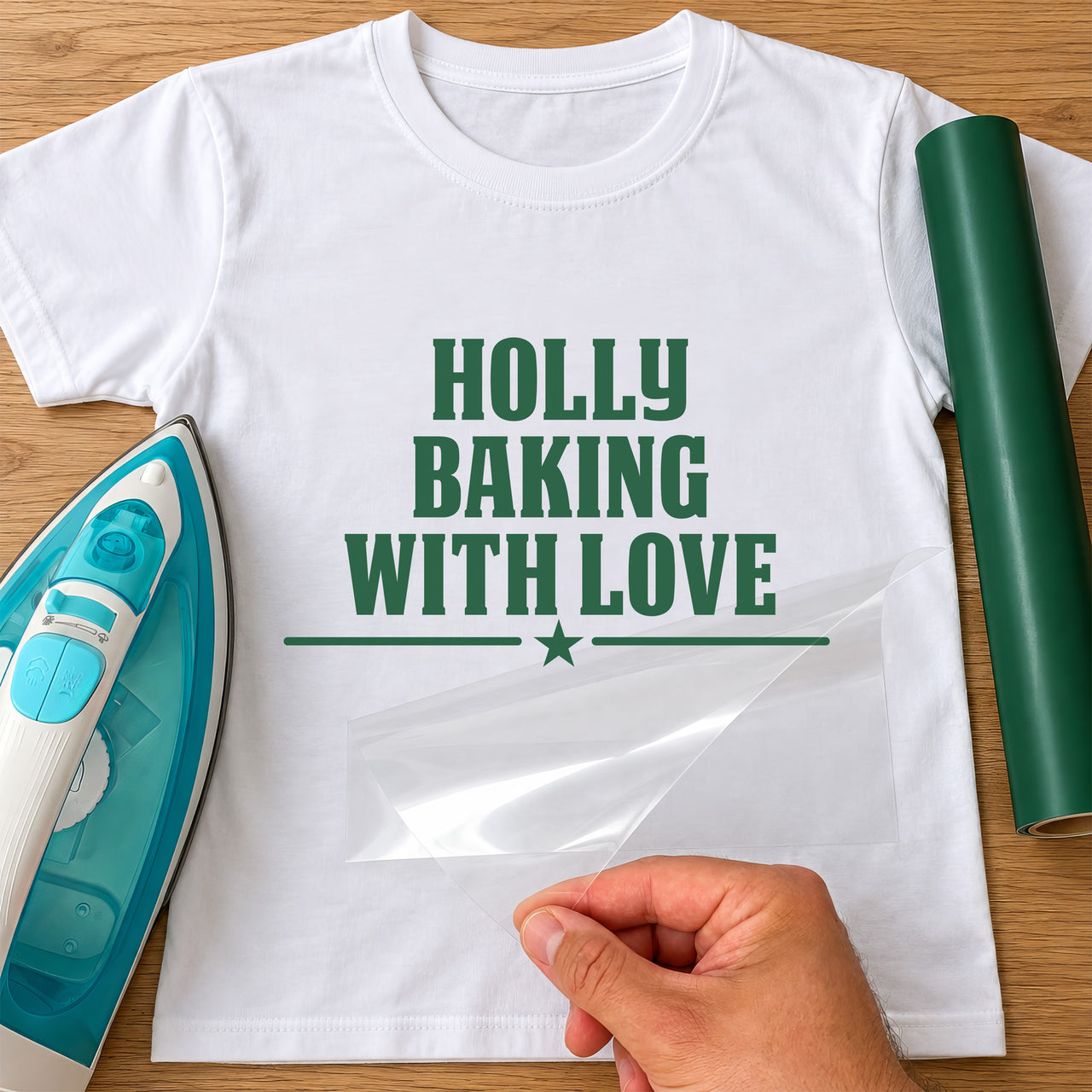 Baking With Love iron-on transfer: green HOLLY BAKING WITH LOVE with a star on a white T-shirt, film being peeled