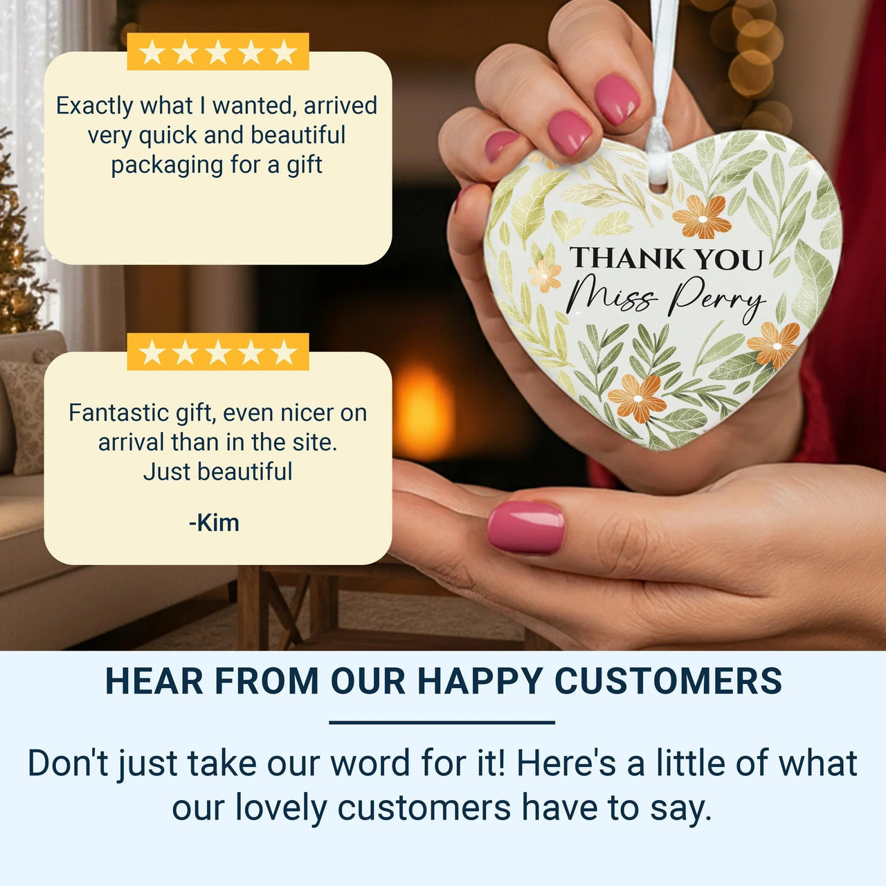 Teacher Heart Ornament - Green Floral Thank You Keepsake with Name DENMARY