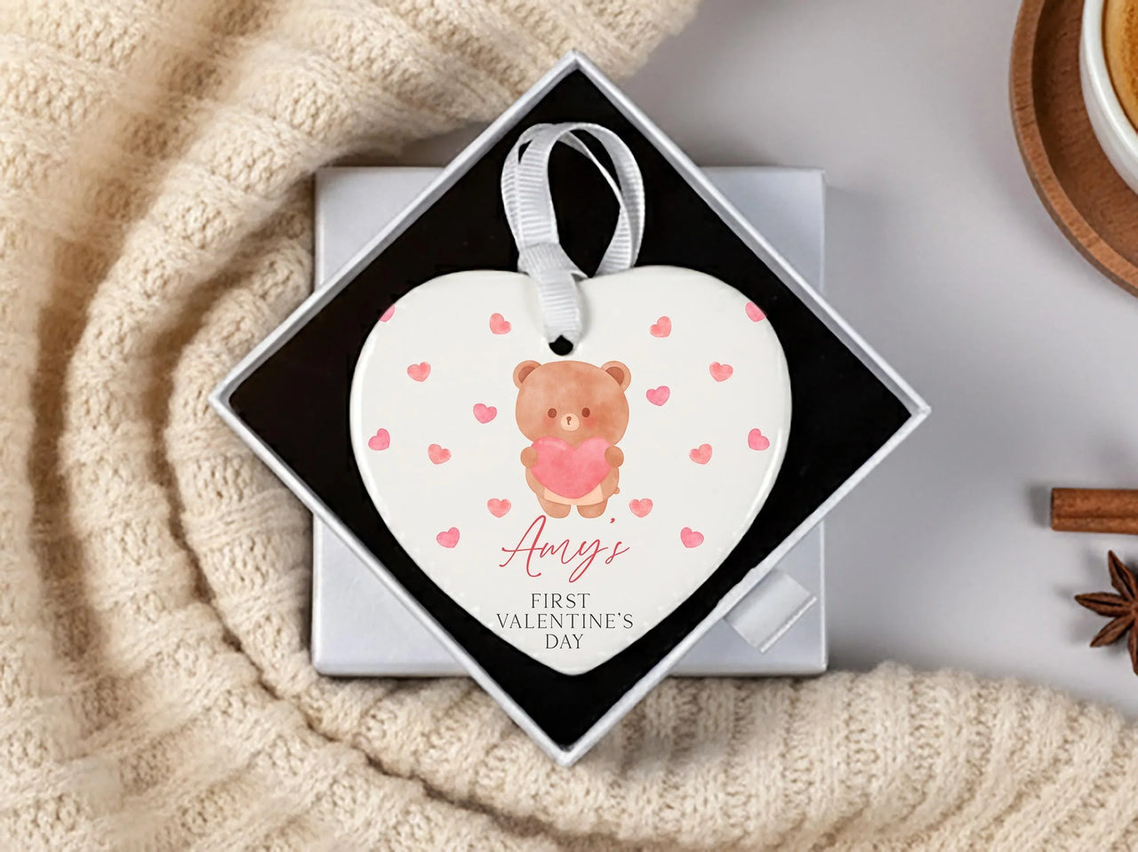 Baby First Valentine Ornament - Teddy Heart Keepsake with Name