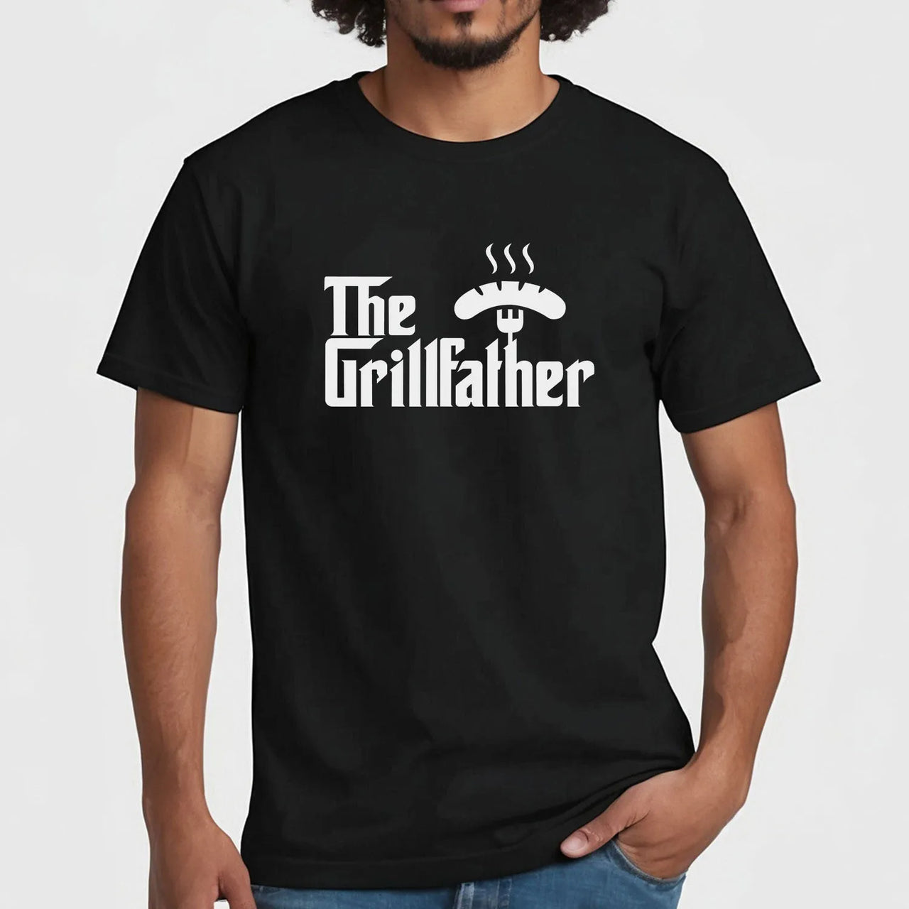 Man wearing BBQ Enthusiast T-Shirt - "Grillfather" motif, perfect for barbecue masters and grillers.