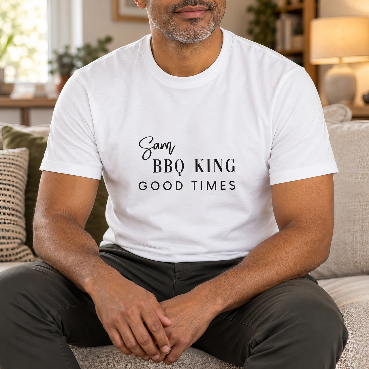 BBQ King Good Times Iron-On Transfer - Personalised Name Design, shown on a white t-shirt