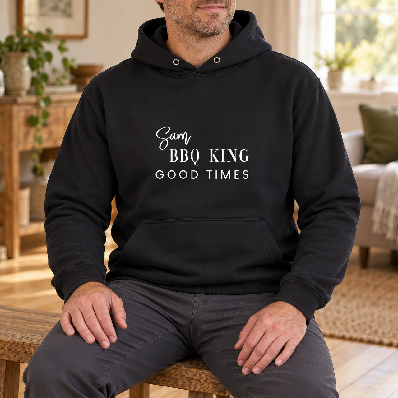 BBQ King Good Times Iron-On Transfer - Personalised Name Design, shown on a black hoodie