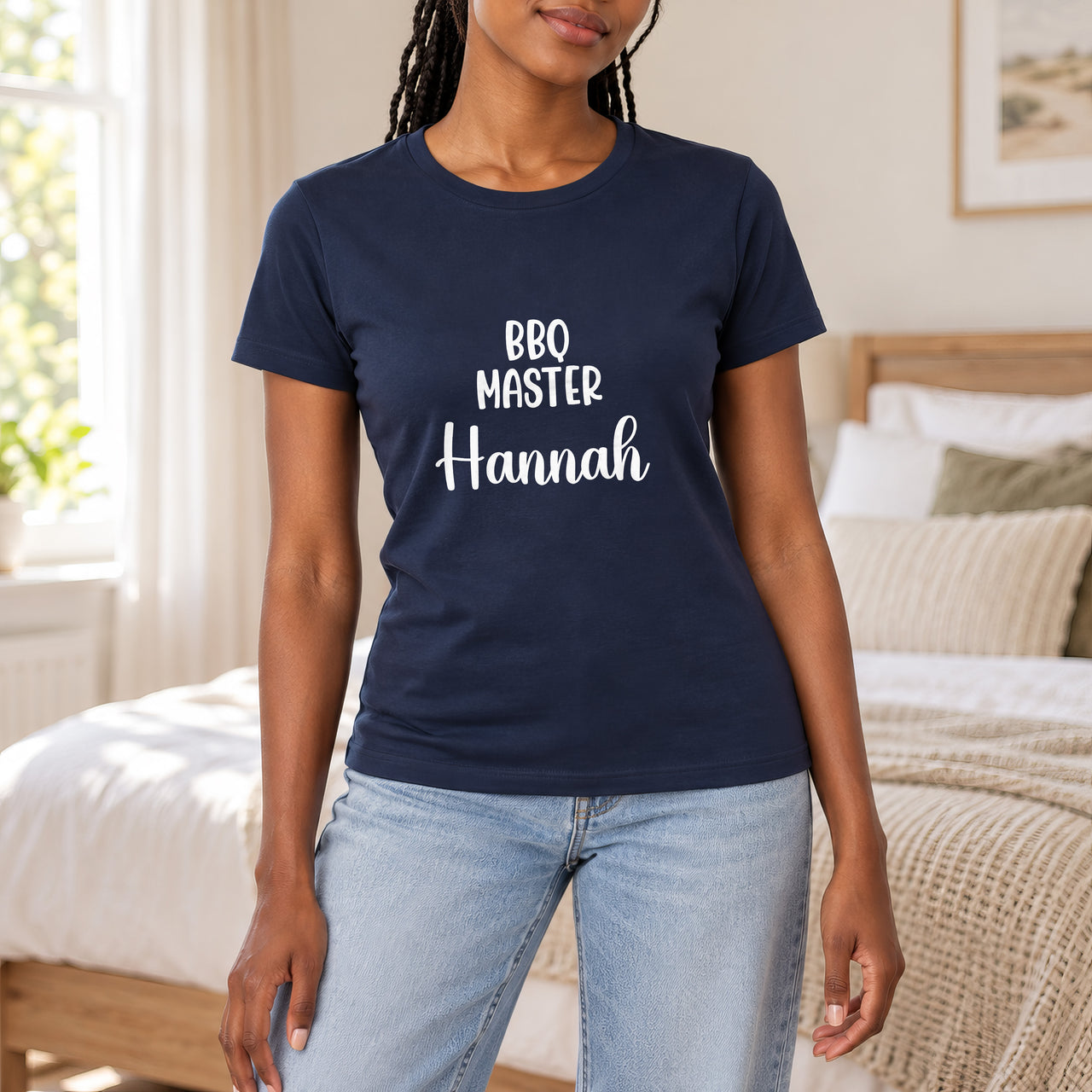 BBQ Masterchef Iron-On Transfer - Personalised Name Design, shown on a navy t-shirt