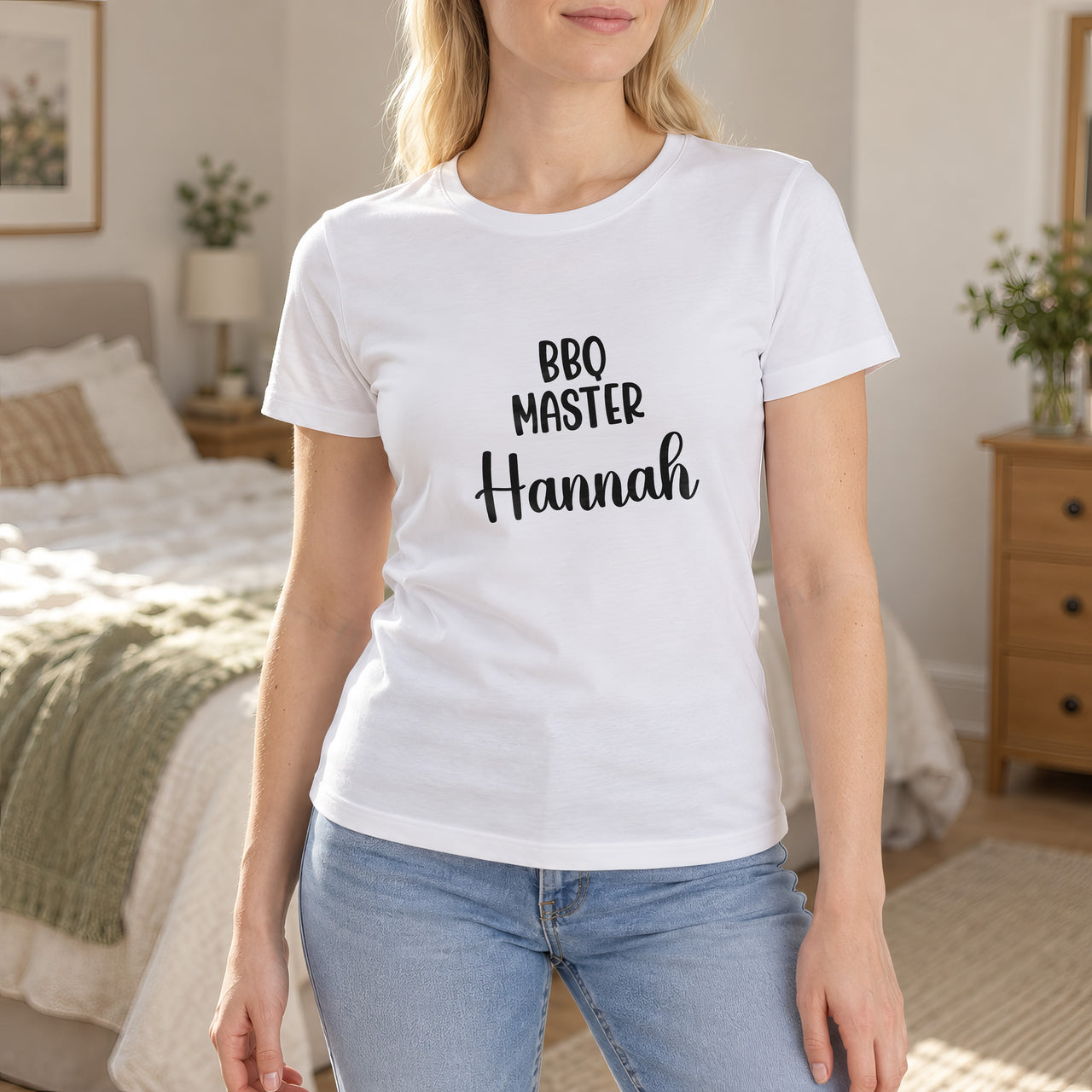 BBQ Masterchef Iron-On Transfer - Personalised Name Design, shown on a white t-shirt