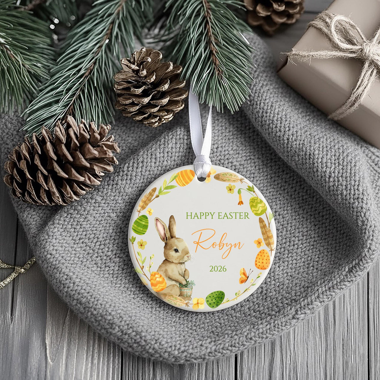 Easter Bunny Ornament 2026 - Colourful Egg Keepsake with Name for Spring Tree