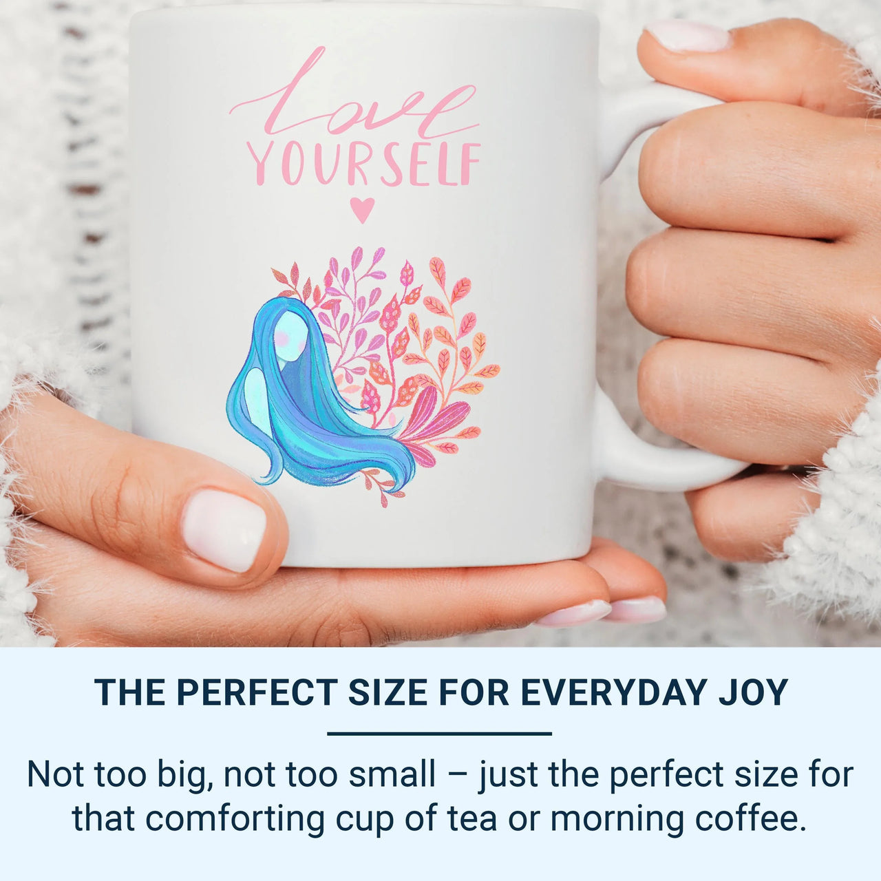 Love Yourself Mug – Motivational Ceramic Coffee Cup with Botanical Art