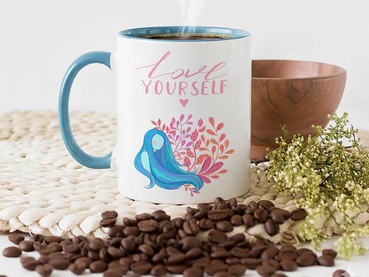 Love Yourself Mug – Motivational Ceramic Coffee Cup with Botanical Art