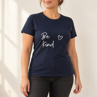 Navy T-shirt with the Be Kind Script Heart design printed on the chest
