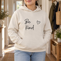 Sand hoodie with the Be Kind Script Heart design printed on the chest