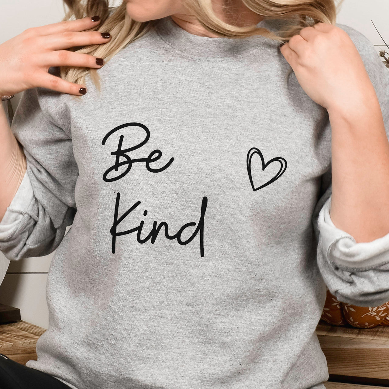 Be Kind Script Iron-On Transfer shown on a sweatshirt