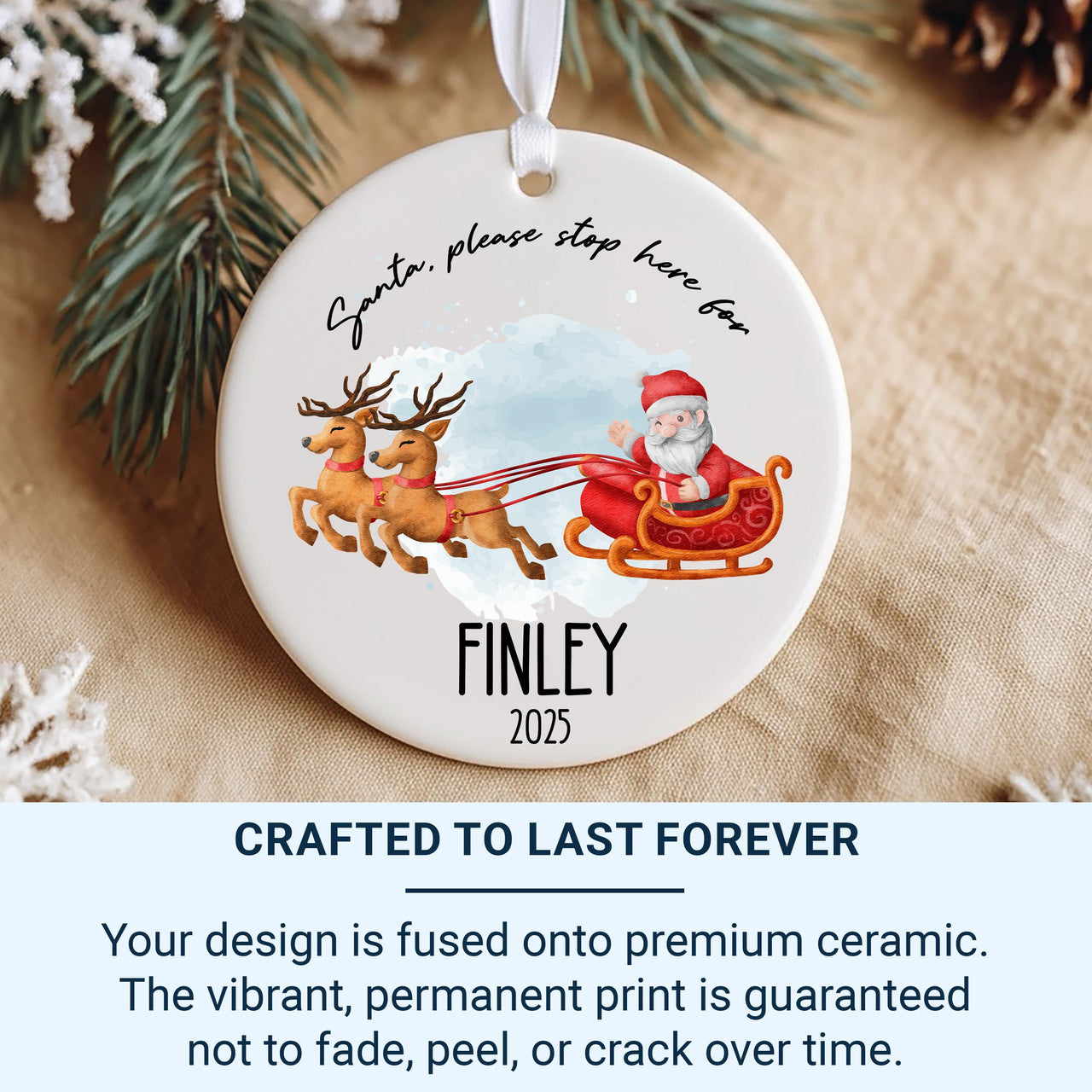 Personalised Santa Stop Here Christmas Ceramic Ornament, First Family Christmas Round Decoration, Xmas Keepsake, Gift for Kids, Home Bauble