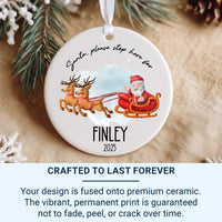Personalised Santa Stop Here Christmas Ceramic Ornament, First Family Christmas Round Decoration, Xmas Keepsake, Gift for Kids, Home Bauble