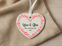 First Valentine Heart Ornament - Pink & Red Keepsake with Names and Date for Couples