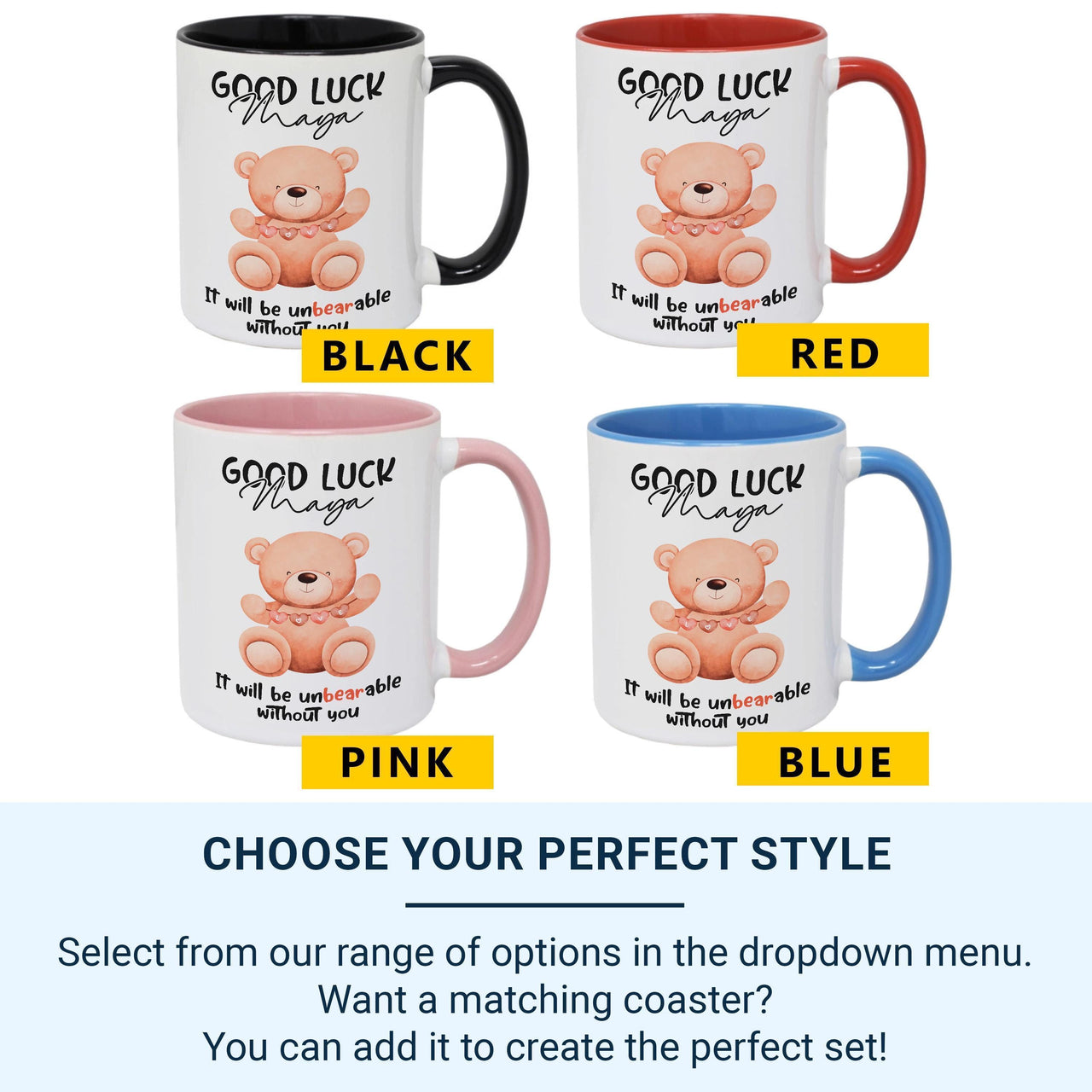 Good Luck – “Unbearable Without You” Personalised Mug – Cute Teddy and Name – Colleague Leaving, New Job and Farewell Keepsake