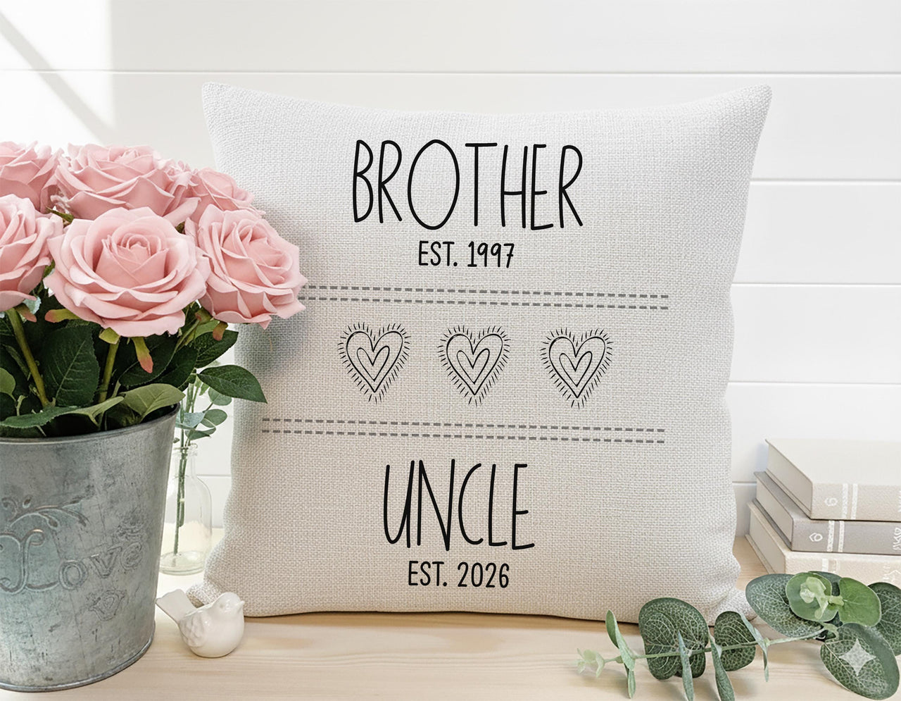 Personalised Brother and Uncle Cushion with Dates - Modern Family Name Keepsake with Heart Icons