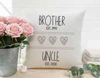 Personalised Brother and Uncle Cushion with Dates - Modern Family Name Keepsake with Heart Icons